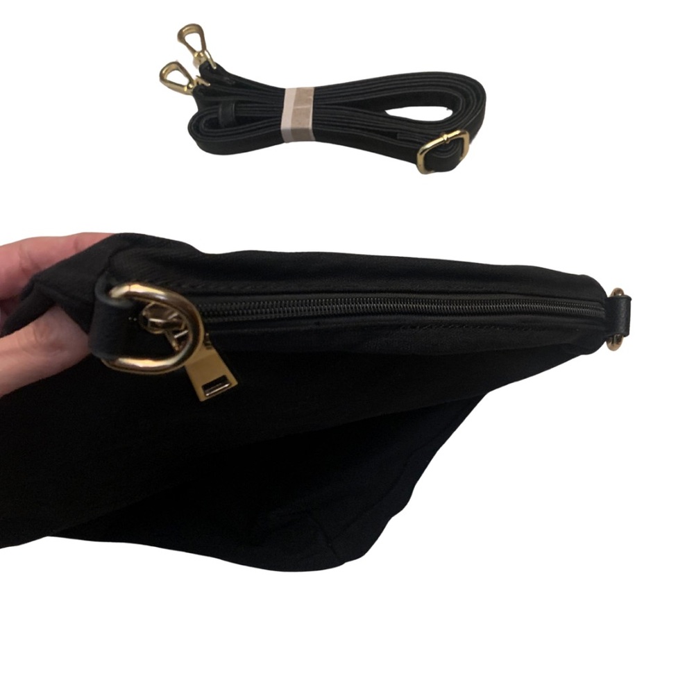 2/$30 NWOT Black Canvas Faux Leather Crossbody Handbag Square Capsule Minimalist - Picture 3 of 9